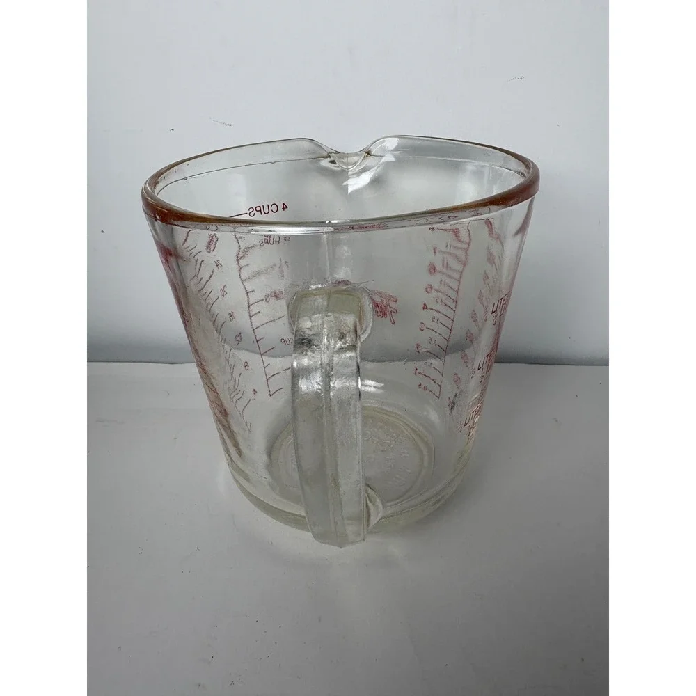 Vtg Fire-King Anchor Hocking 4 Cup Glass Measuring Cup Red Lettering 1 Quart USA